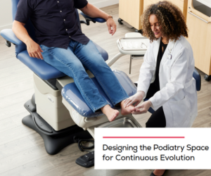 clinician examining a patient's feet on a chair