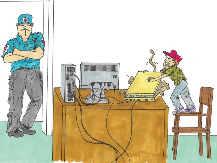 A boy performs a CAT scan to impress his dad.