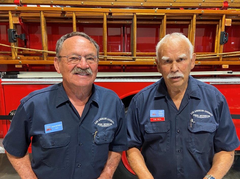 Gary Davis, right, with retired Los Angeles County Fire Captain Dyrck McClellan at the Los Angeles County Fire Museum, where they both volunteer as docents (Photo: Barry Bachenheimer)