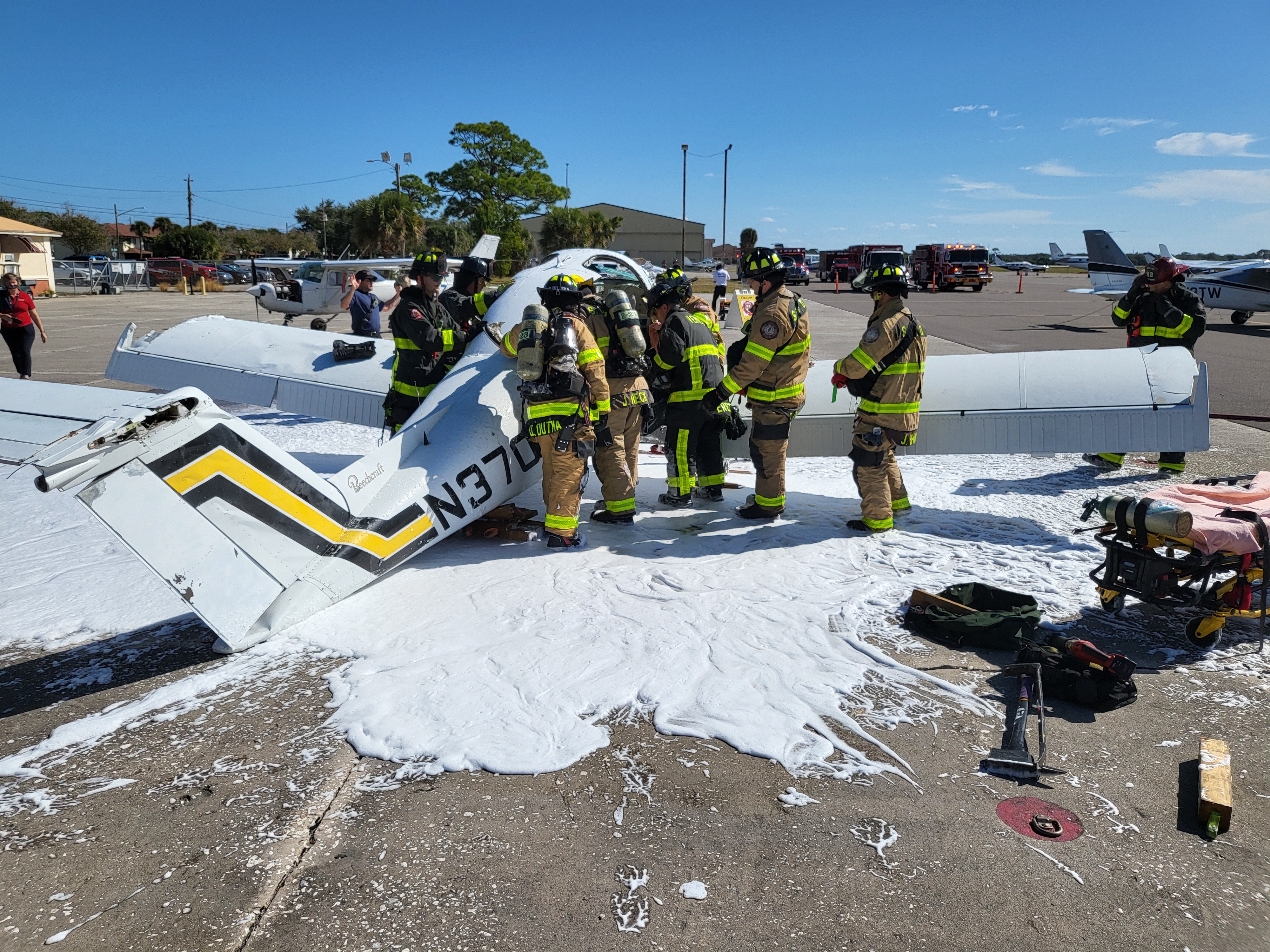 In a subsequent session, responders encounter a simulated fuel spill, introducing a hazardous materials component. Venice Fire & Rescue and the Sarasota County Fire Department deployed a foam blanket to suppress vapors and reduce the risk of ignition prior to initiating rescue and patient care operations.