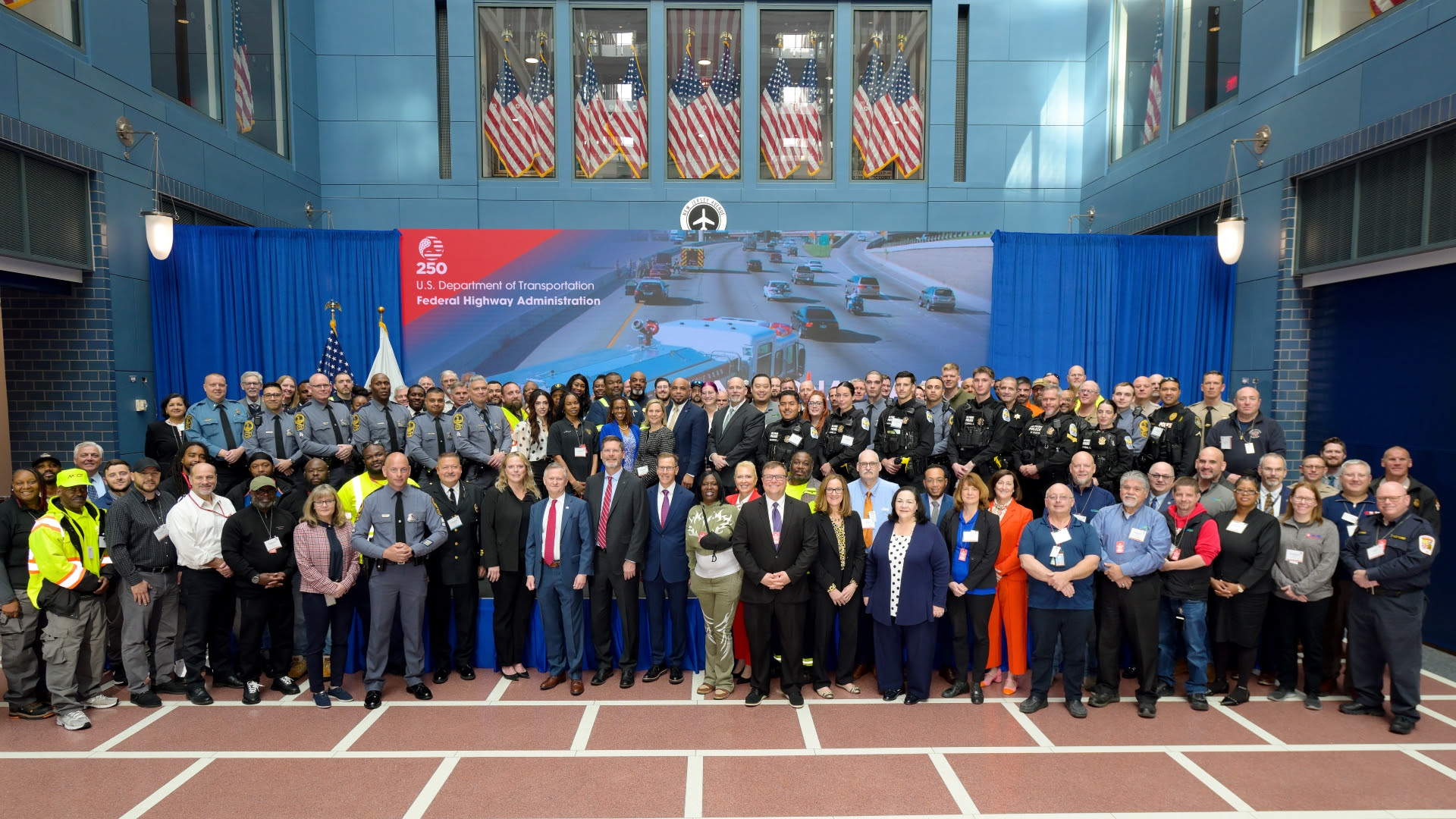 Deputy Secretary of Transportation Steven Bradbury and Federal Highway Administrator Sean McMaster hosted more than 100 first responders and law enforcement officers at USDOT Headquarters for a first-ever day of traffic incident management training. Photo Credit: USDOT.