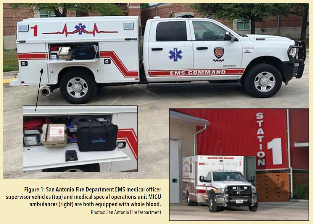 Figure 1: San Antonio Fire Department EMS medical officer supervisor vehicles (top) and medical special operations unit MICU ambulances (right) are both equipped with whole blood. (Photos: San Antonio Fire Department) 