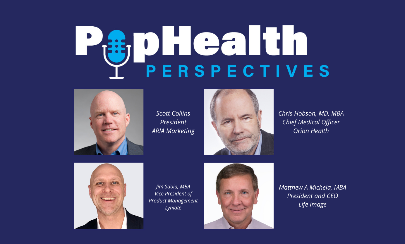 Headshot of Scott Collins, Chris Hobson, Jim Sdoia, Matthew Michela on a blue background underneath the PopHealth Perspectives logo.