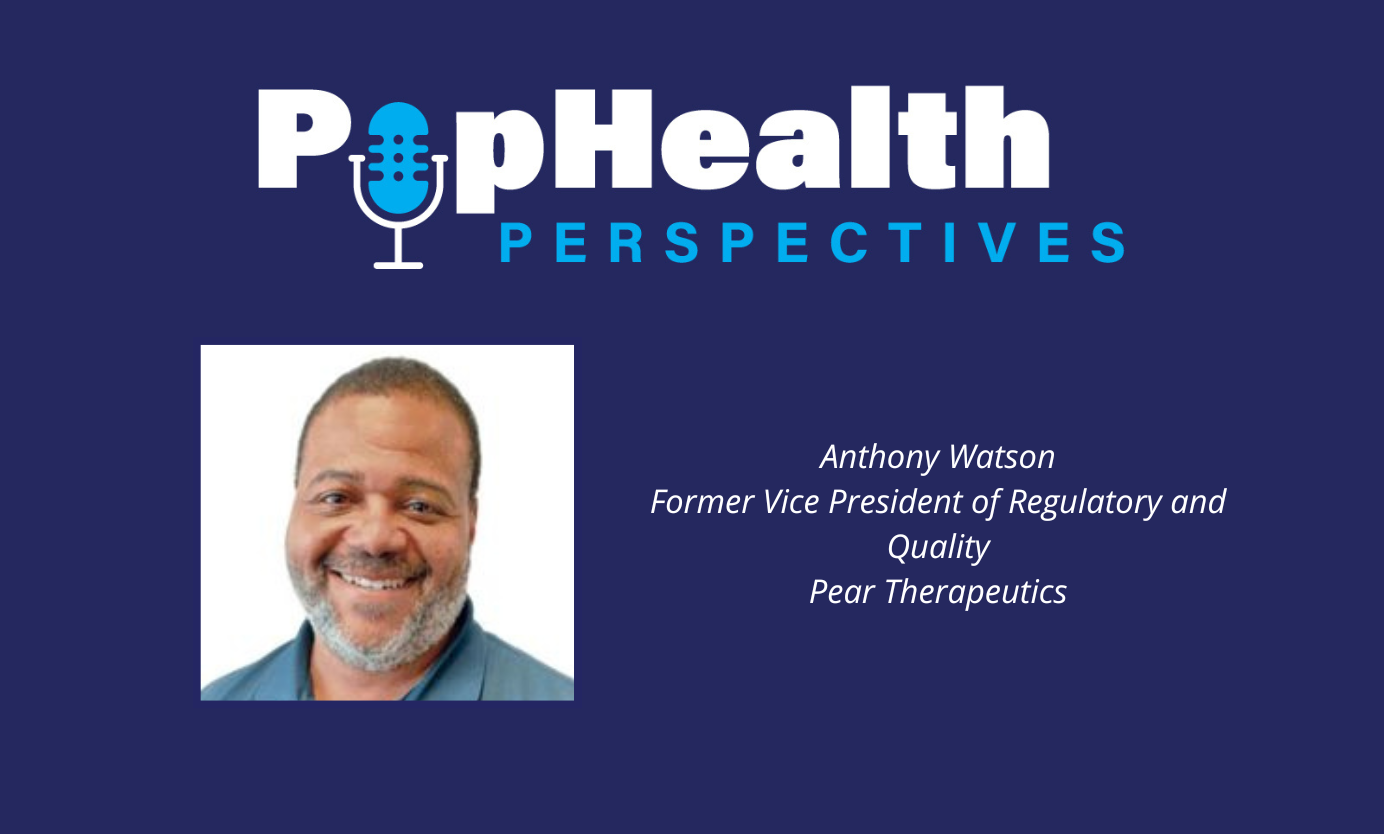 Headshot of Anthony Watson on a blue background underneath the PopHealth Perspectives logo.
