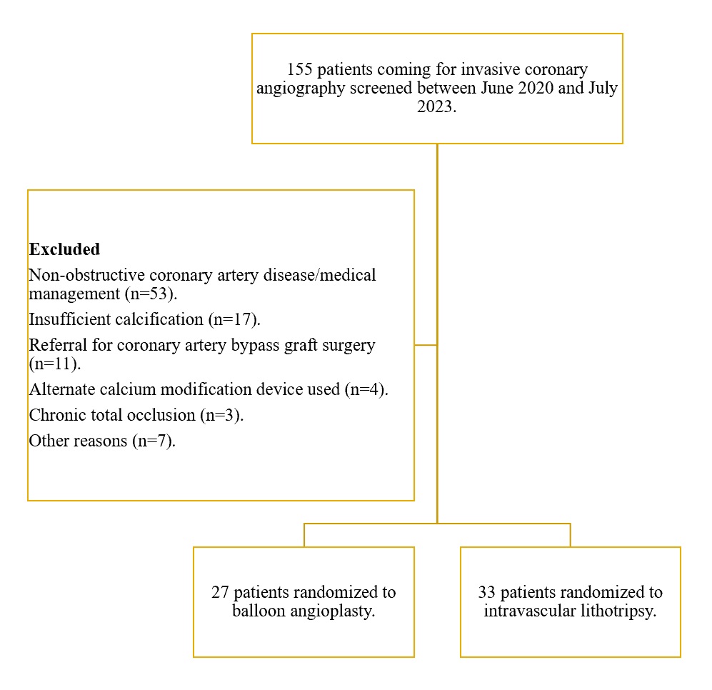 Figure. Enrollment and randomization of the BASIL (Balloon Angioplasty versus Shockwave Intravascular Lithotripsy) study.