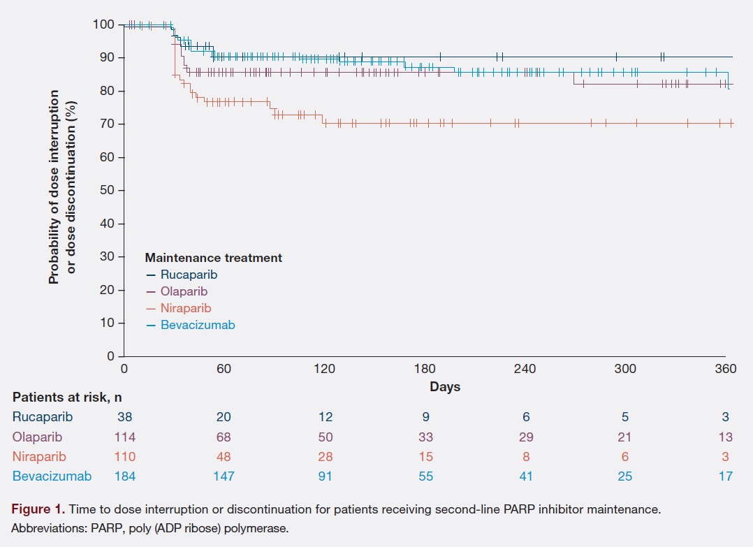 Time to dose interruption or discontinuation for patients receiving second-line PARP inhibitor maintenance. Abbreviations: PARP, poly (ADP ribose) polymerase.