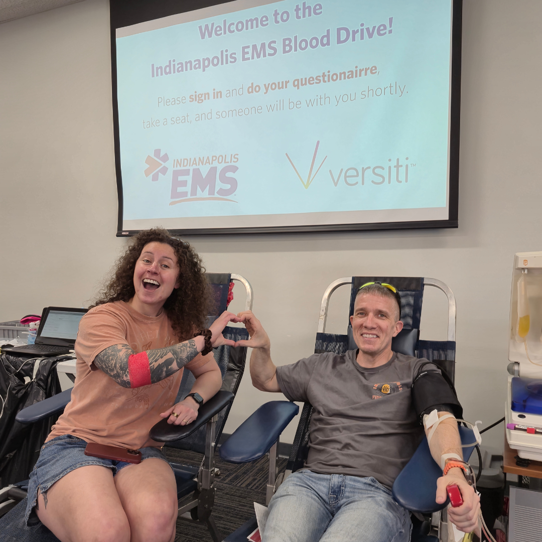 Indiana firefighter medics donating blood together