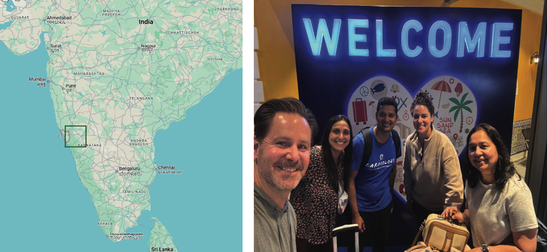 Figure 1. Arrival in Goa, India. Dr Wayangankar is at center. To his left is structural imager Dr Shreya Ghetiya and Todd Petering, VP, Sales & Programs, Transcatheter Heart Valves, Edwards Lifesciences. Center right is lead echo tech Mary Bold and far right is Cath Lab Supervisor Saijal Gundavda.