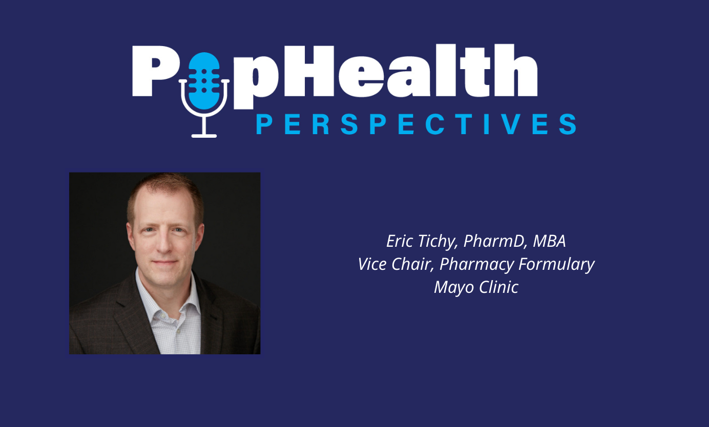 Headshot of Eric Tichy on a blue background underneath the PopHealth Perspectives logo.