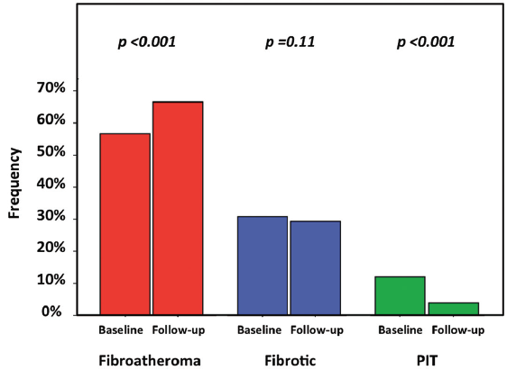 Figure 1. Frequency of plaque phenotypes at baseline and 6-month follow-up. PIT = pathological intimal thickening
