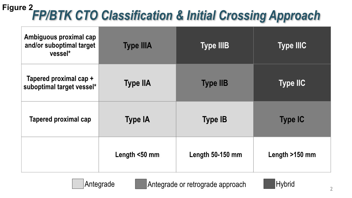 FIGURE 2. Femoropopliteal (FP) artery and below-the knee (BTK) chronic total occlusion (CTO) classification and initial crossing strategy. *Suboptimal target vessel, which constitutes one or more of the following features: for FP artery, ≤4 mm in diameter, incomplete opacification during angiography, heavy calcification, involvement of the second or third popliteal artery segments; for BTK artery, ≤2 mm in diameter, incomplete opacification during angiography, heavy calcification, involvement of arteries at the level of or below the ankle.