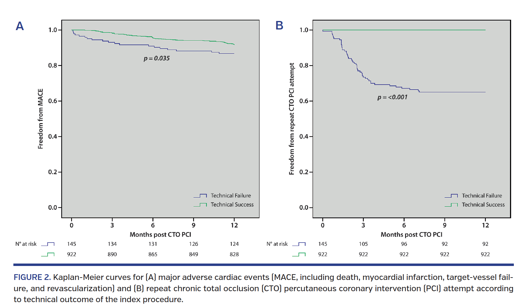 Kaplan-Meier curves for (A) major adverse cardiac events (MACE, including death, myocardial infarction, target-vessel failure, and revascularization) and (B) repeat chronic total occlusion (CTO) percutaneous coronary intervention (PCI) attempt according to technical outcome of the index procedure.