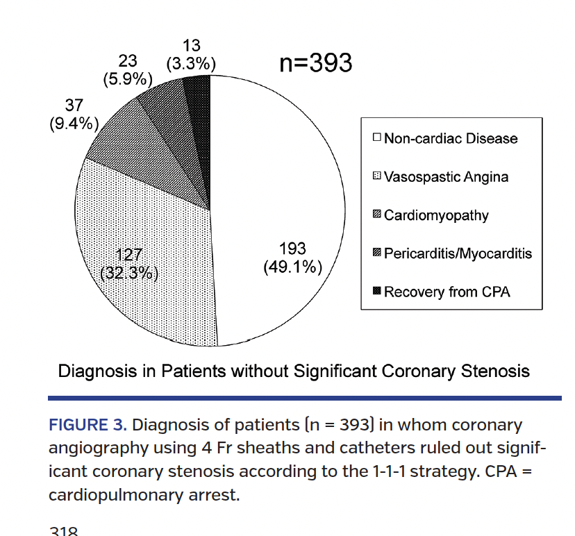 FIGURE 3. Diagnosis of patients (n = 393) in whom coronary angiography using 4 Fr sheaths and catheters ruled out significant coronary stenosis according