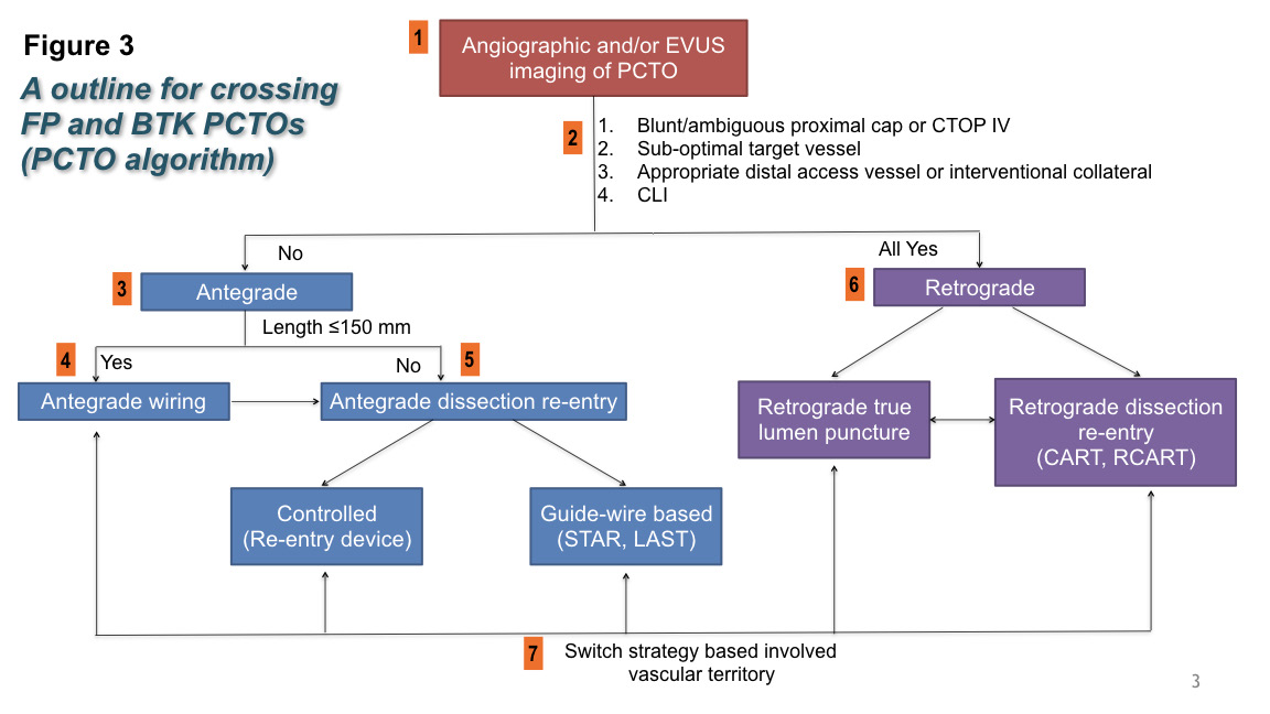 FIGURE 3. An algorithm for crossing femoropopliteal (FP) and below-the knee (BTK) peripheral artery chronic total occlusions (PCTO). EVUS = extravascular ultrasound; CLI = critical limb ischemia; STAR = subintimal tracking and re-entry; LAST = limited antegrade subintimal tracking; CART = controlled antegrade retrograde tracking; RCART = reverse CART.