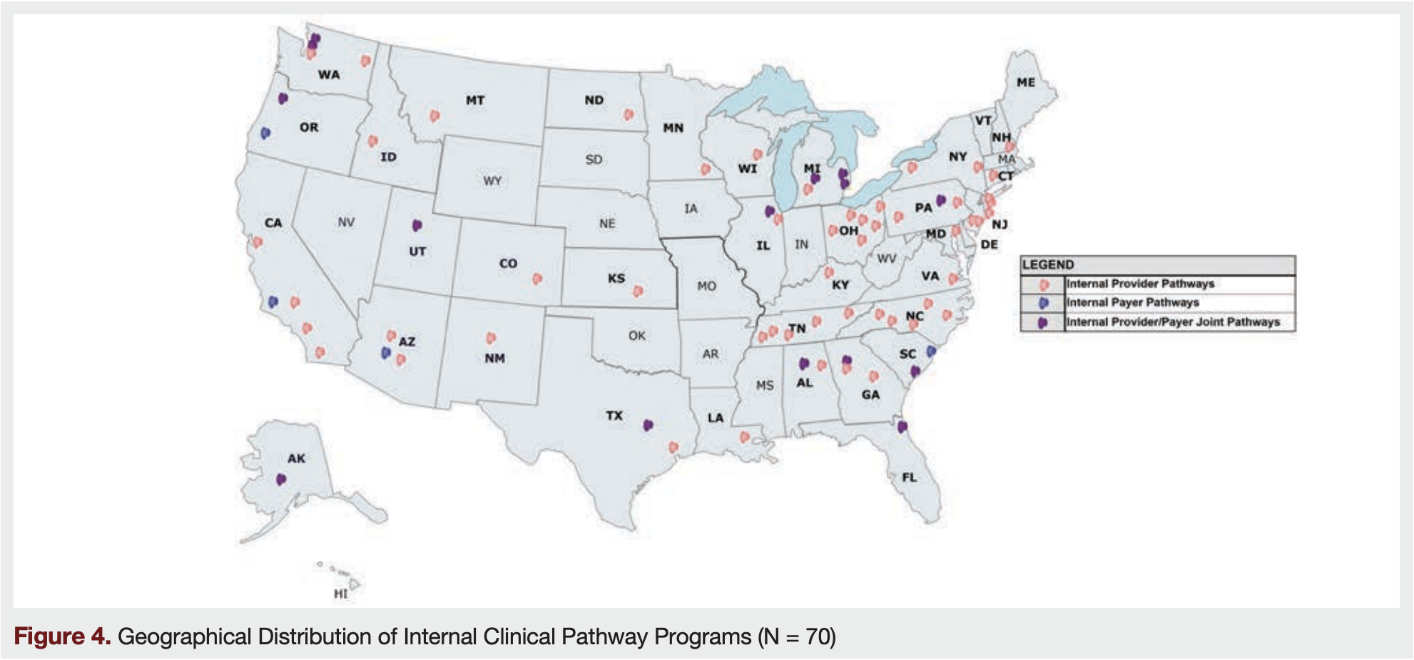 Figure 4. Geographical Distribution of Internal Clinical Pathway Programs (N = 70)