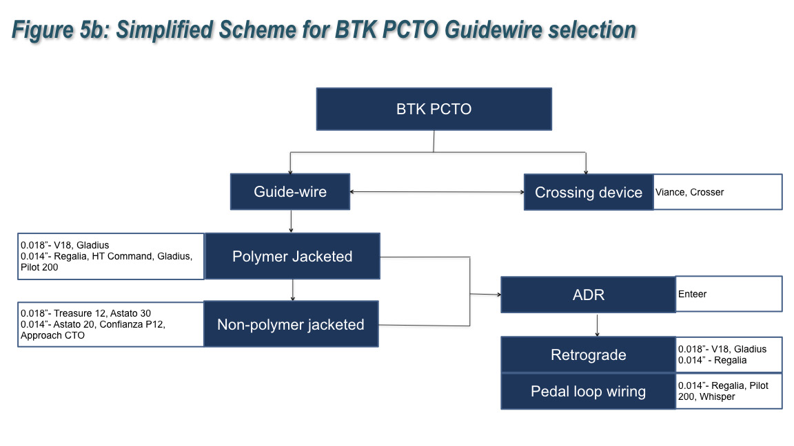 FIGURE 5. (A) Simplified schemes for (A) femoropopliteal (FP) and (B) below-the knee (BTK) artery peripheral artery chronic total occlusion (PCTO) guidewire selection.