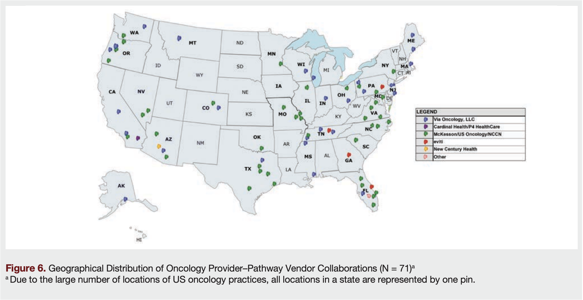Figure 6. Geographical Distribution of Oncology Provider–Pathway Vendor Collaborations (N = 71)a