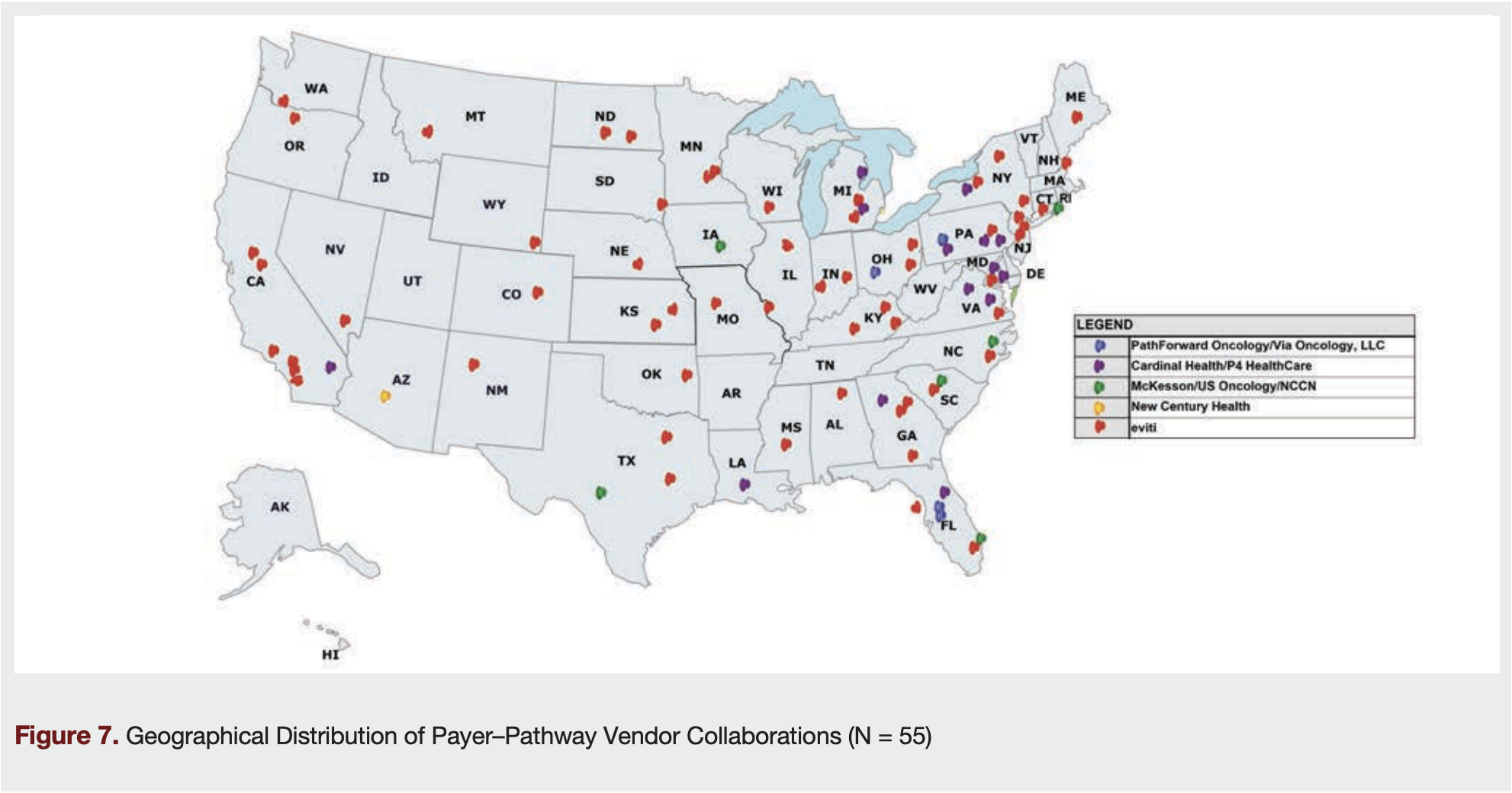 Figure 7. Geographical Distribution of Payer–Pathway Vendor Collaborations (N = 55)