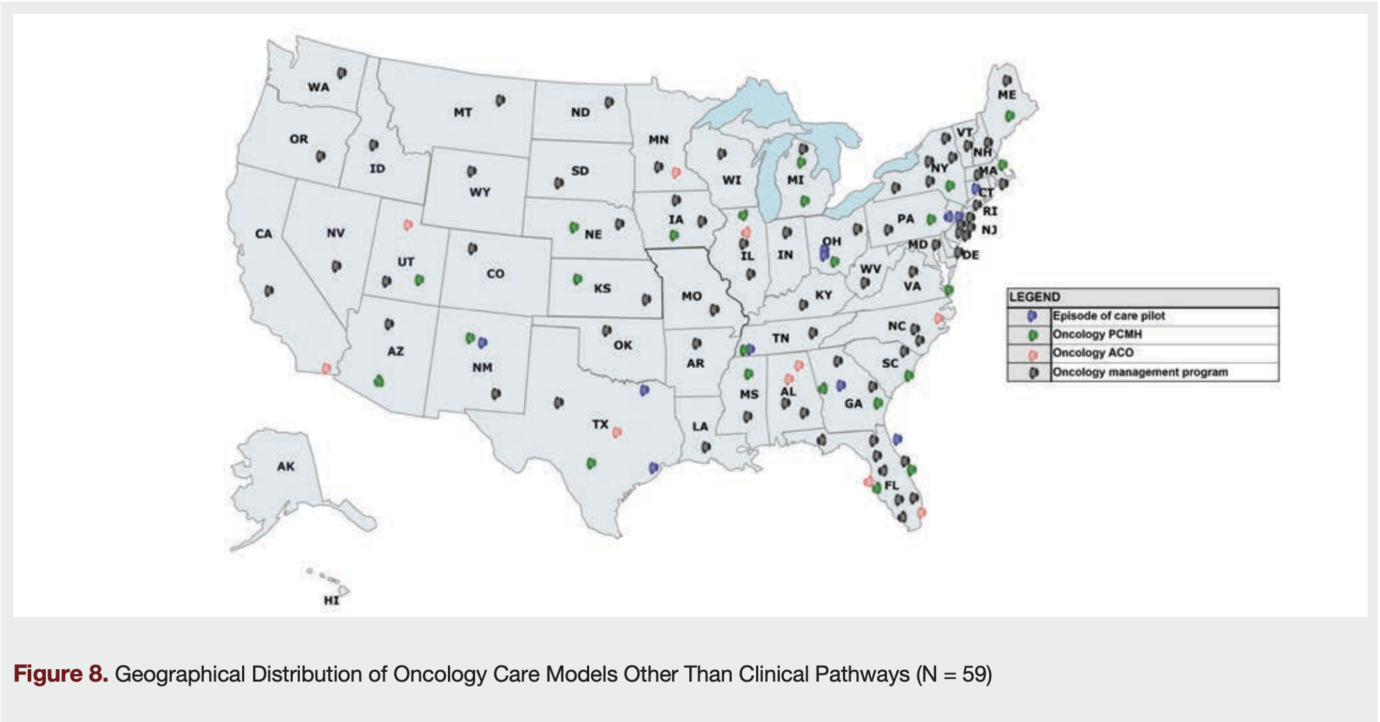 Figure 8. Geographical Distribution of Oncology Care Models Other Than Clinical Pathways (N = 59)