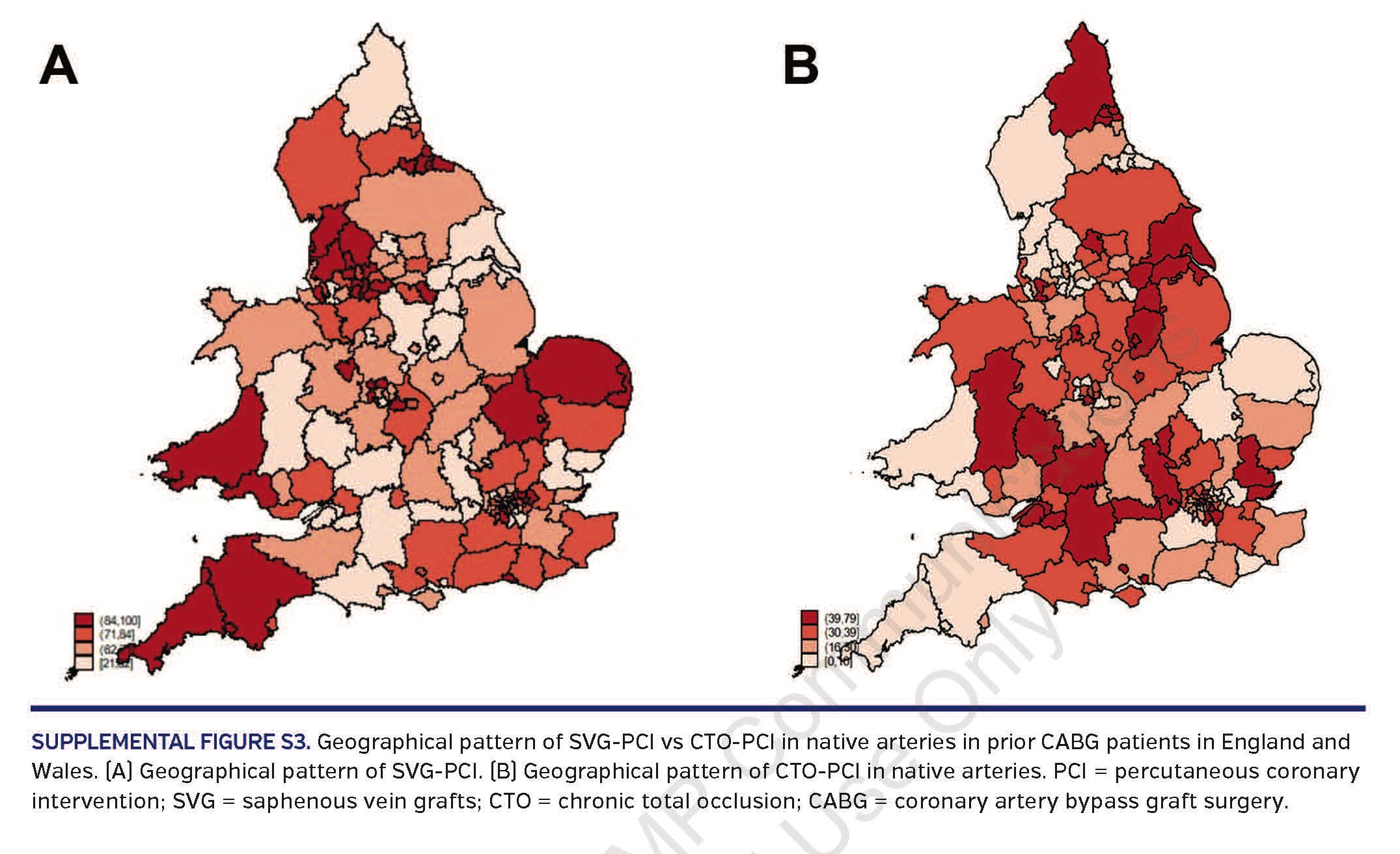 SUPPLEMENTAL FIGURE S3. Geographical pattern of SVG-PCI vs CTO-PCI in native arteries in prior CABG patients in England and Wales
