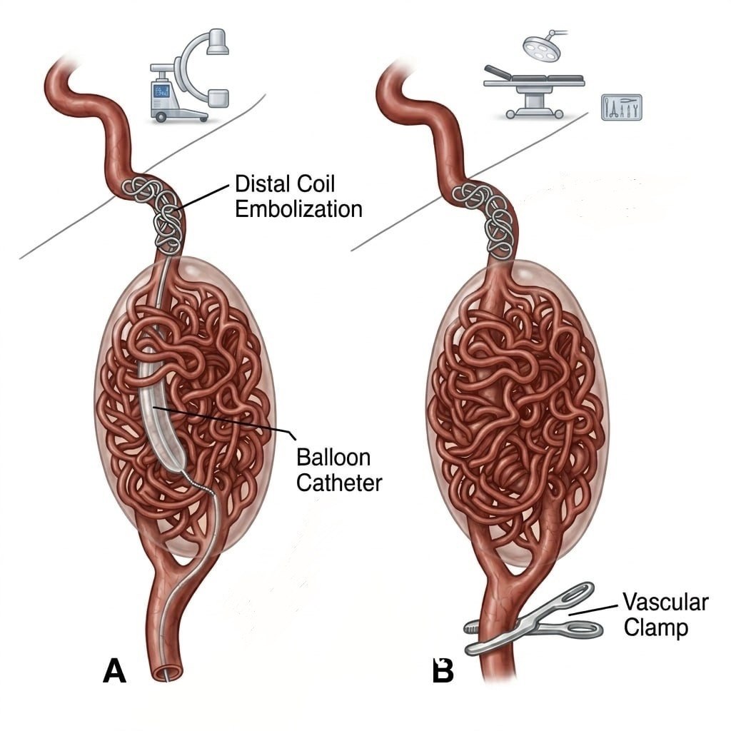 Figure 1. Line diagram illustrating the technique. (A) Distal control achieved in the interventional radiology digital subtraction angiography suite, showing coils placed at the skull base (petrous segment of the internal carotid artery) with flow arrest using a proximal balloon. (B) Proximal control achieved in the operating room using a vascular clamp or ligature following distal control.