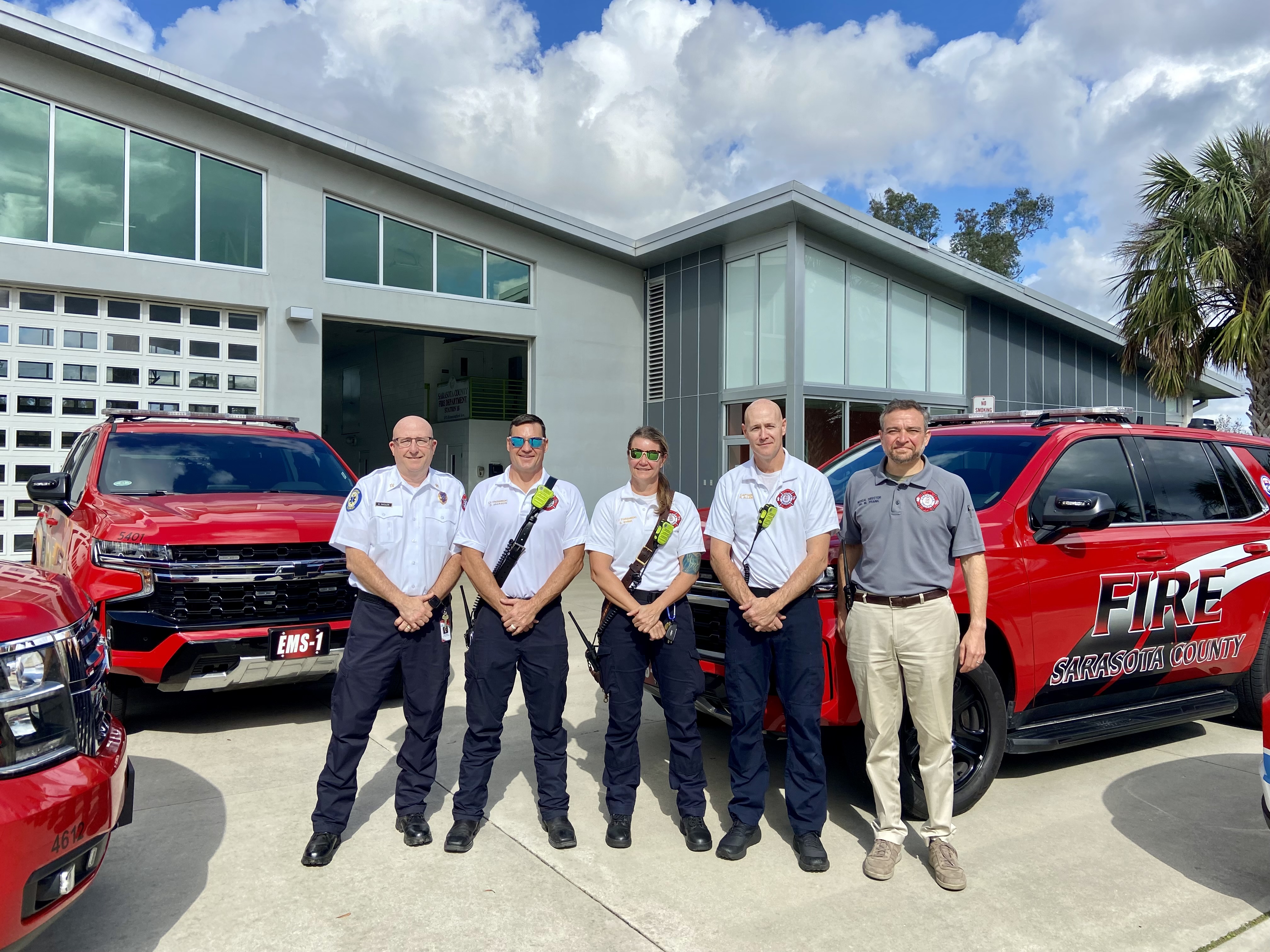 Photo taken outside of SCFD Station 16, 5875 Hummingbird (left to right): SCFD Assistant Chief of EMS Brian Nadler, SCFD Acting EMS Captains Dennis Jackson and Bridget Byrne, SCFD EMS Captain Randy Allen, and SCFD Medical Director Marshall Frank, DO, MPG, FACEP. Photos: Sarasota County Fire Department
