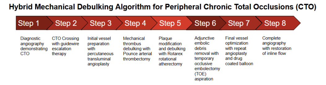 Figure 3. Proposed procedural algorithm for hybrid debulking of peripheral chronic total occlusions. Following lesion crossing and initial vessel preparation with angioplasty, thrombus and plaque burden are reduced using a combination of mechanical thrombectomy and rotational atherectomy, performed in variable sequence depending on lesion characteristics. Distal embolic debris may be removed using adjunctive temporary occlusive embolectomy aspiration before final angiographic assessment and vessel optimization.