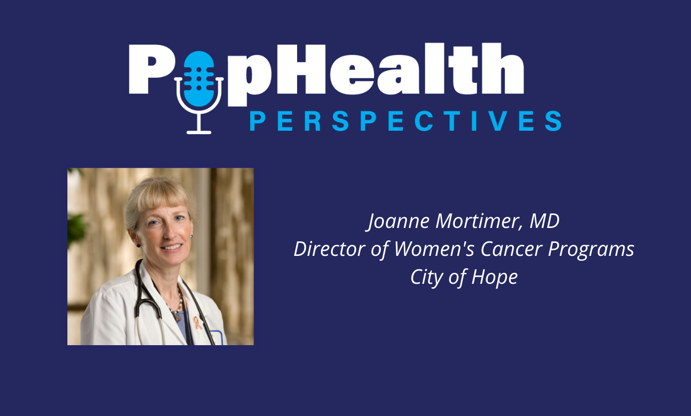Headshot of Dr Joanne Mortimer on a blue background underneath the PopHealth Perspectives logo