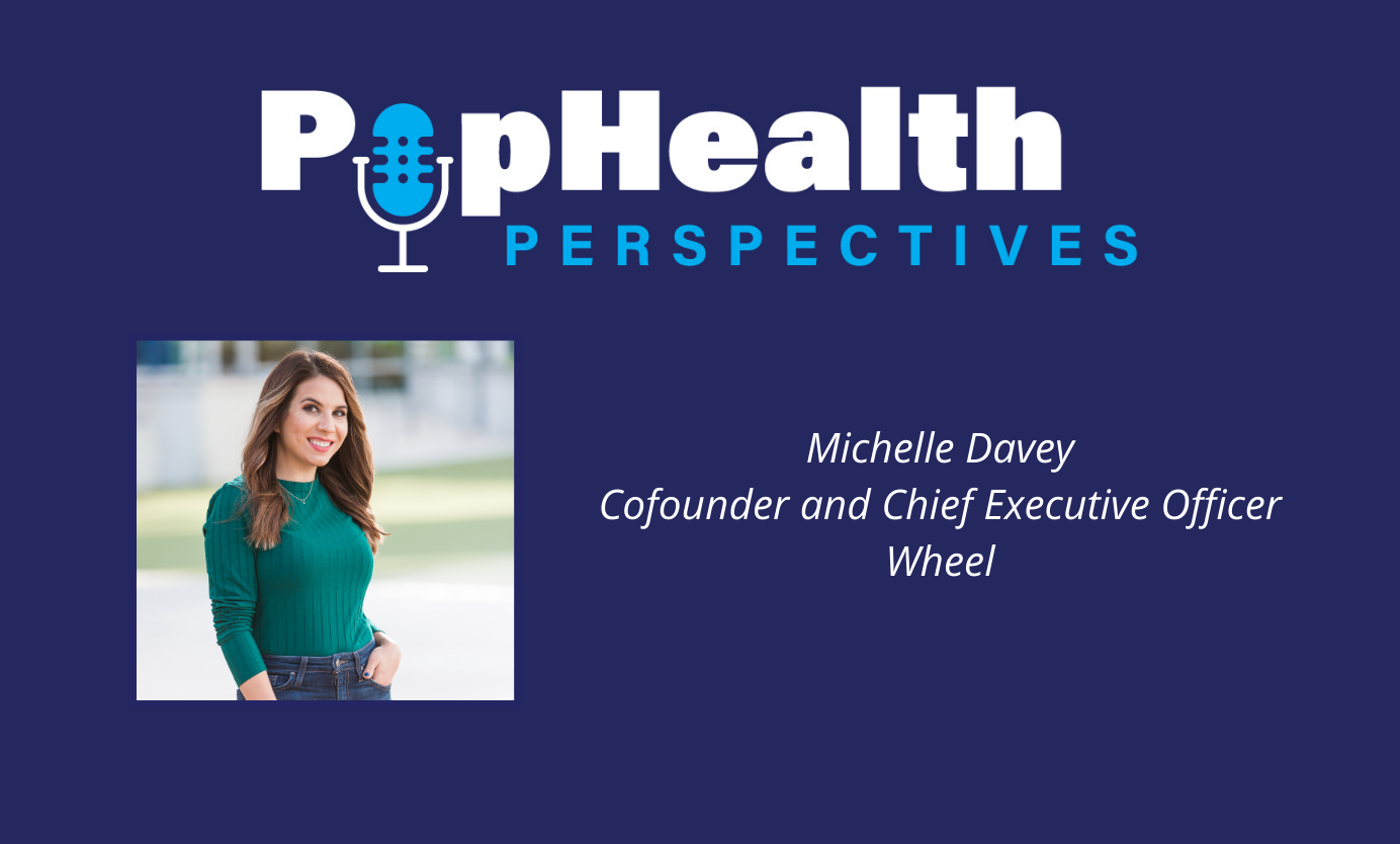Headshot of Michelle Davey on a blue background underneath the PopHealth Perspectives logo.