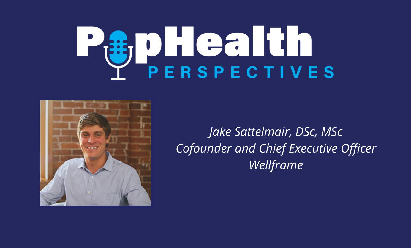 Headshot of Jake Sattelmair on a blue background underneath the PopHealth Perspectives logo.