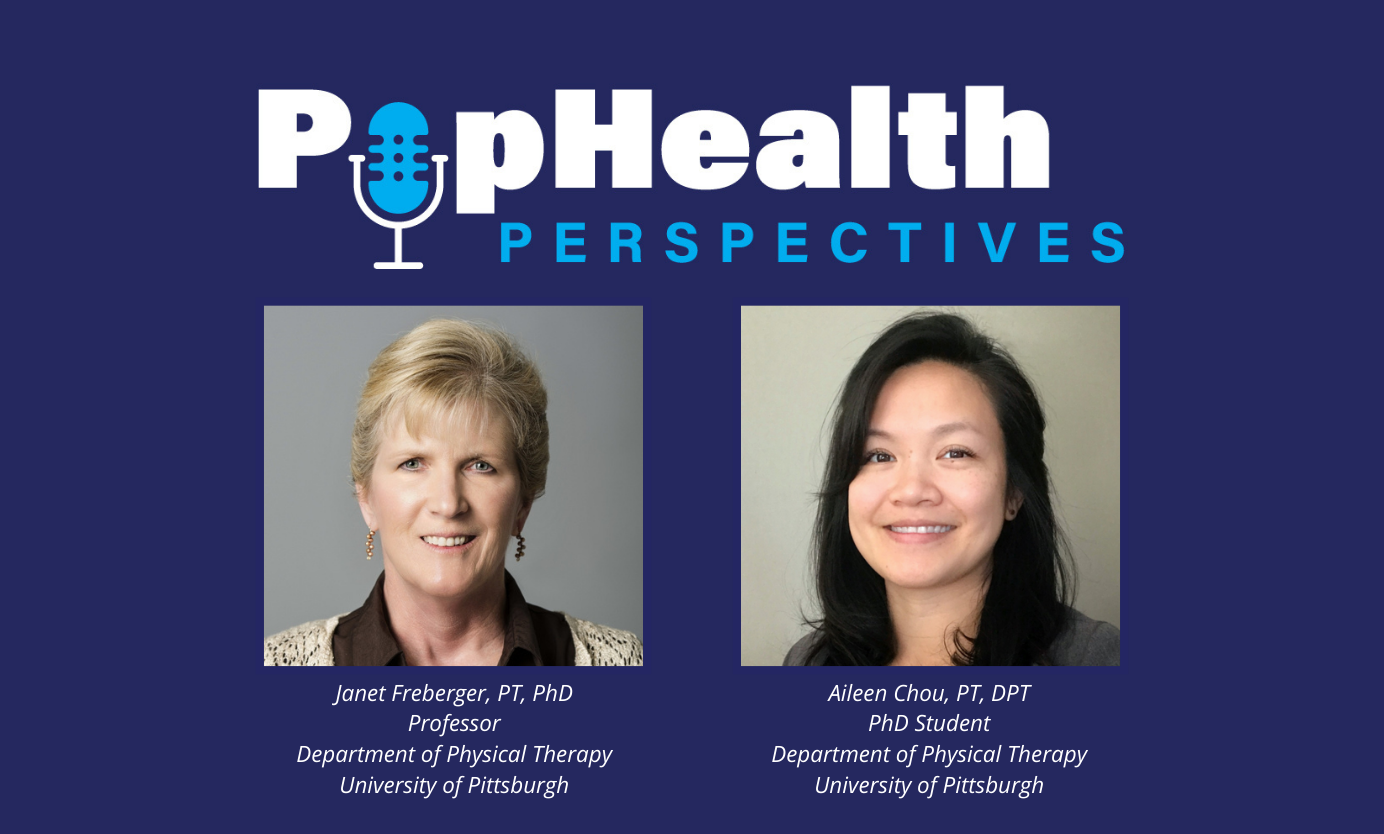 Headshot of Janet Freberger and Aileen Chou on a blue background underneath the PopHealth Perspectives logo.