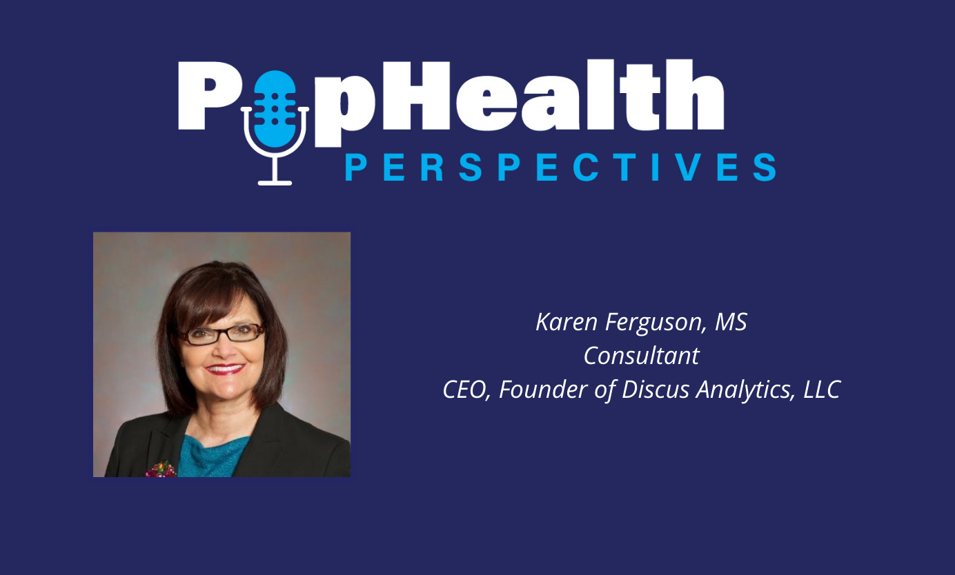 Karen Ferguson, MS, headshot on dark blue background