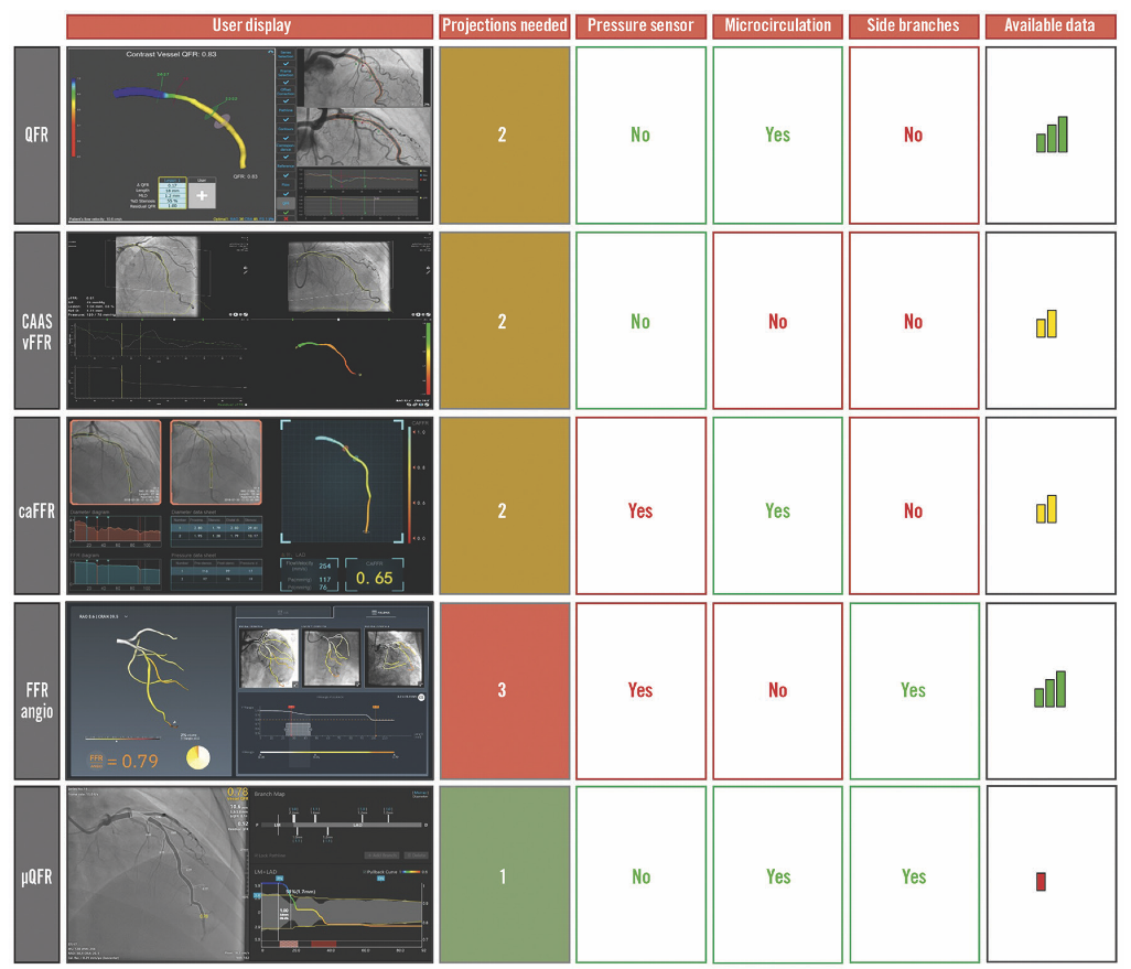 Figure 2. Comparison of major angiography-derived fractional flow reserve (FFR) systems. The table summarizes selected workflow requirements and functional features of QFR, CAAS vFFR, caFFR, FFRangio, and µQFR, including the number of angiographic projections required, need for aortic pressure input, incorporation of microcirculatory assessment, accounting for side branches, and relative amount of published supporting data. Color coding indicates the relative strength of each feature: green = favorable, yellow = intermediate, and red = unfavorable. Abbreviations: CAAS vFFR, vessel fractional flow reserve; caFFR, computational pressure-flow dynamics-derived FFR; FFRangio, angiography-derived FFR; QFR, quantitative flow ratio; µQFR, Murray law-based quantitative flow ratio.&nbsp;Adapted with permission from Faria D, Hennessey B, Shabbir A, et al. Functional coronary angiography for the assessment of the epicardial vessels and the microcirculation. EuroIntervention. 2023 Jun 19; 19(3): 203-221. doi:10.4244/EIJ-D-22-00969. &nbsp; &nbsp;