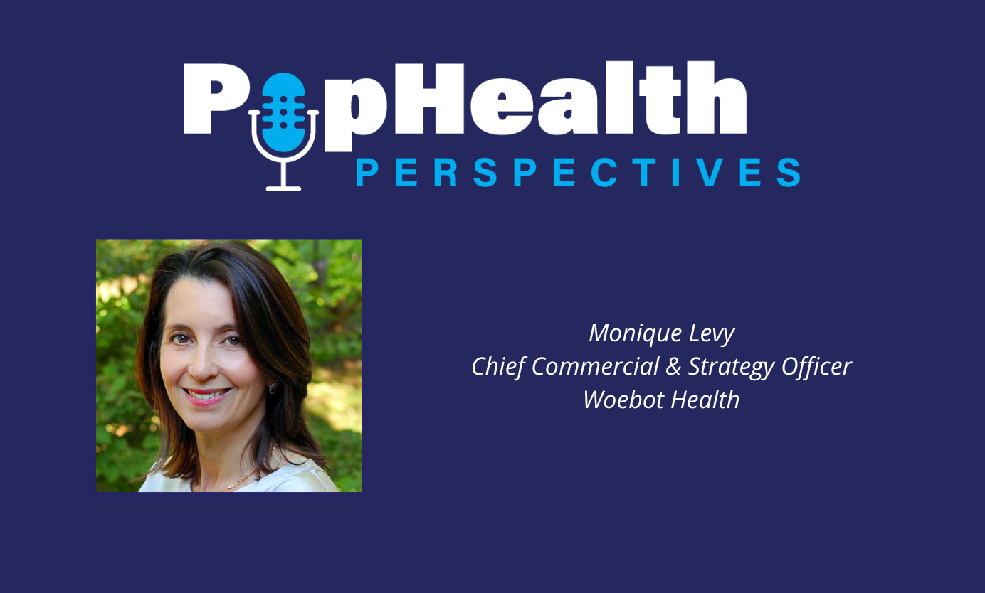 Headshot of Monique Levy, Woebot Health, on a blue background underneath the PopHealth Perspectives logo.