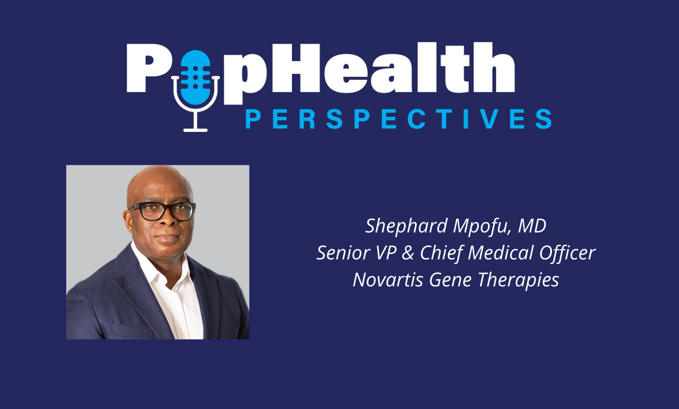 Headshot of Shephard Mpofu on a blue background underneath the PopHealth Perspectives logo.