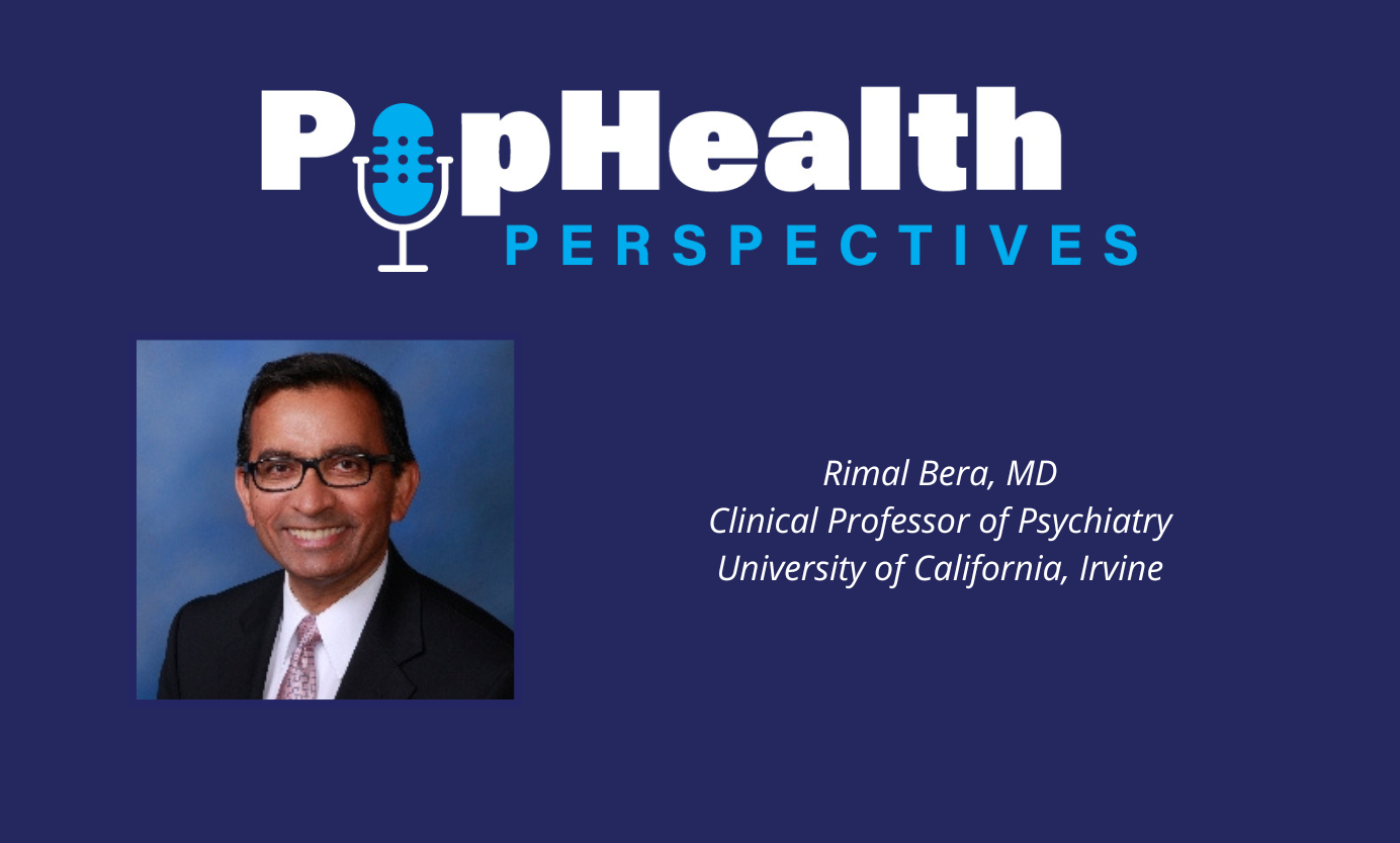 Headshot of Rimal Bera, UC Irvine, on a blue background underneath the PopHealth Perspectives logo.