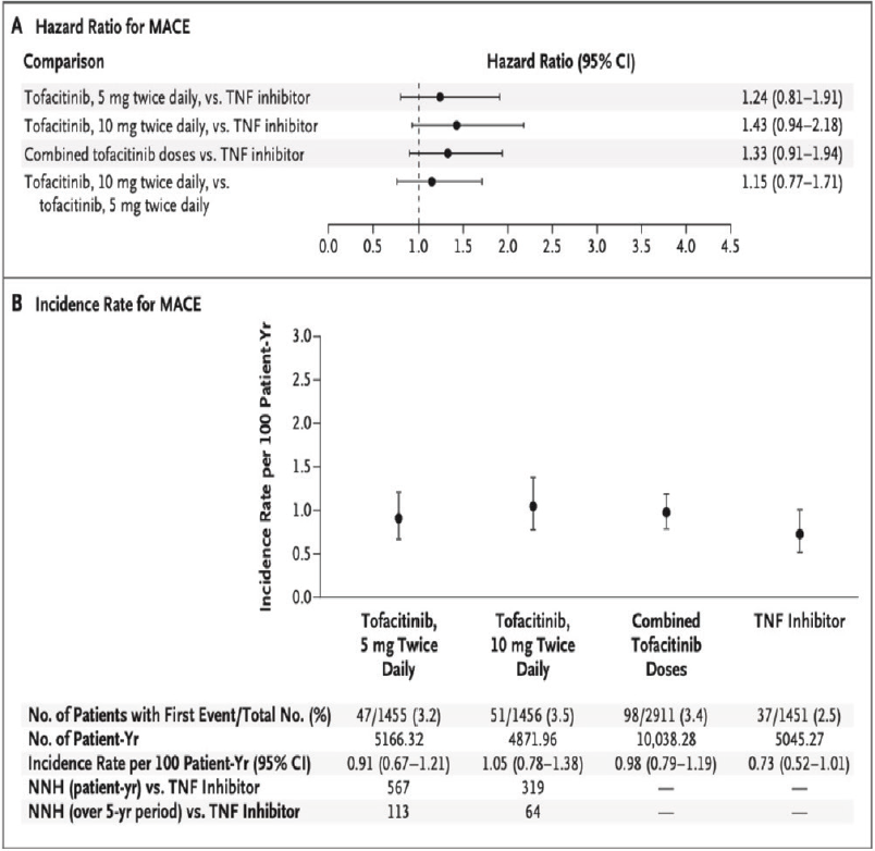 Figure 2. Hazard ratios and incidence rates for adjudicated MACE (safety analysis population). Adapted from Ytterberg S, Bhatt DL, Mikuls TR, et al. Cardiovascular and cancer risk with tofacitinib in rheumatoid arthritis. N Engl J Med. 2022;386(4):316-326. doi:10.1056/ NEJMoa21099272