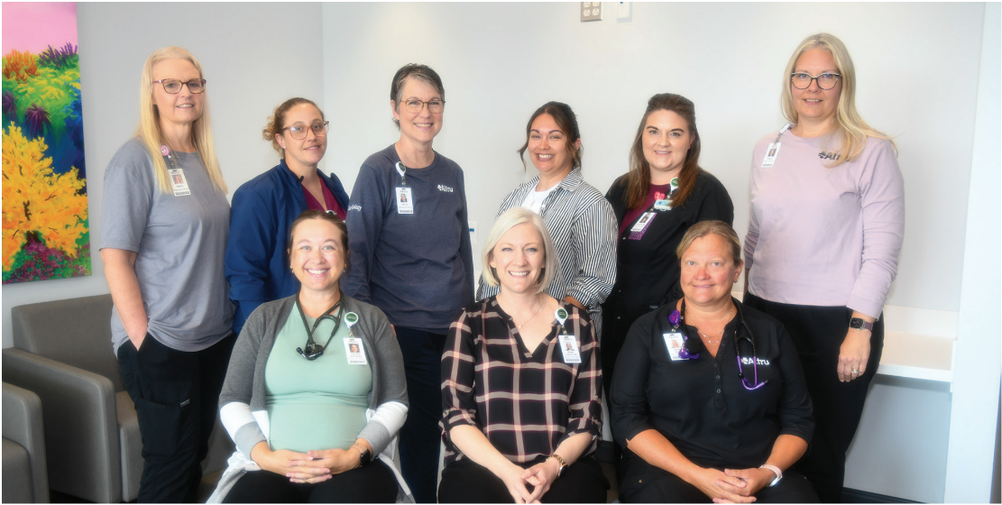 EP Clinic Staff. Back row, from left to right: Nikki Strand, RN, Care Coordinator; Sara Johnson, LPN; Kim Nelson, RN; Ashley Marynik, RN (device clinic); Teresa Devlin, RN (device clinic); and Tonya Furstenau, RCIS (device clinic). Front row: Caroline Schroeder, NP; Angie Larson, RN, BSN, Heart & Vascular Service Practice Manager; and Paula Ricke, NP. Not pictured: Brittany Becker, RN (device clinic). 