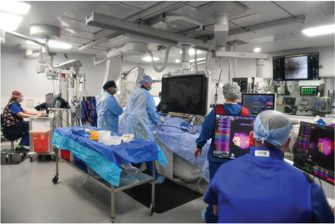 Mevan Wijetunga, MD, in procedure performing PVI using the FARAPULSE PFA Platform (Boston Scientific), with Kory Adair, RCES, scrub technologist, and Stacey Falch, RRT, running the FARAPULSE system. 