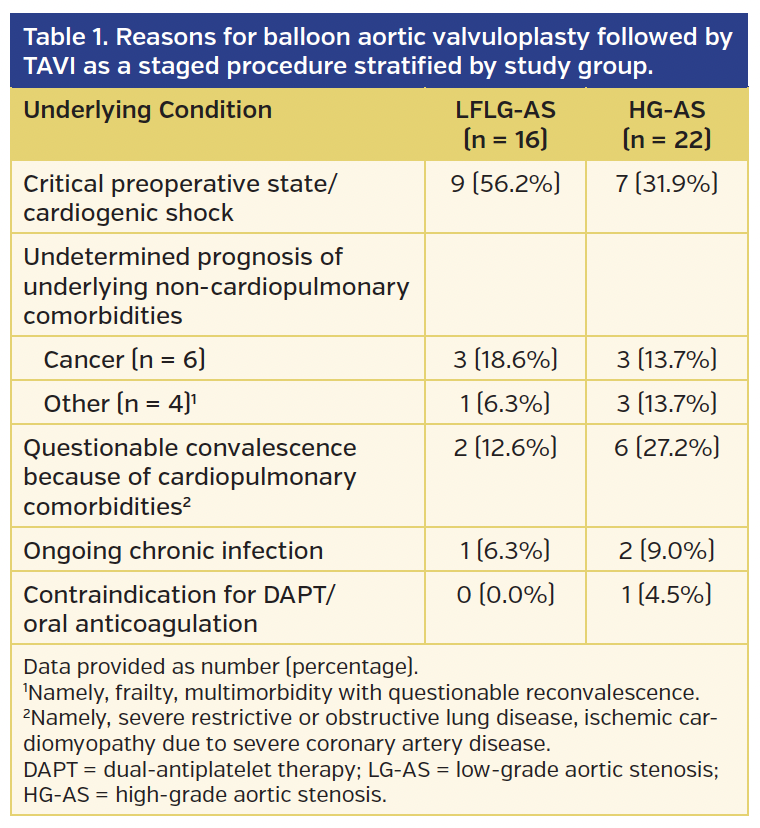 Table 1. Reasons for balloon aortic valvuloplasty followed by TAVI as a staged procedure stratified by study group.