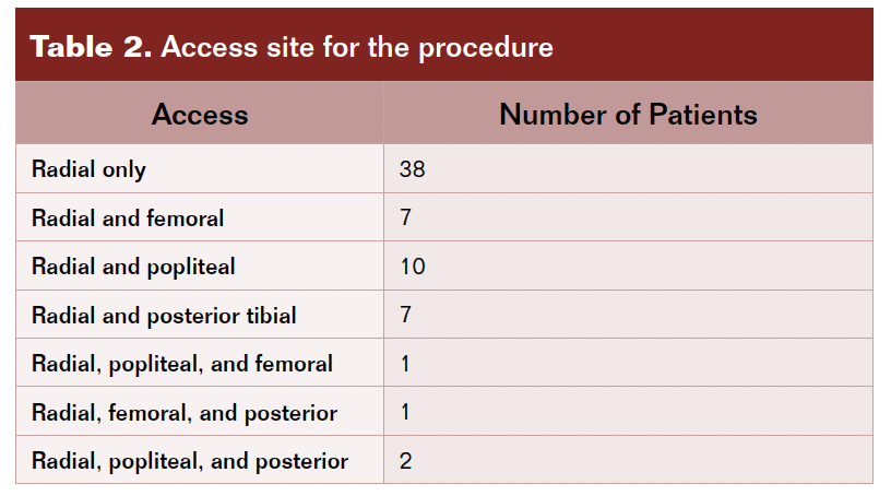 Table 2. Access site for the procedure. 