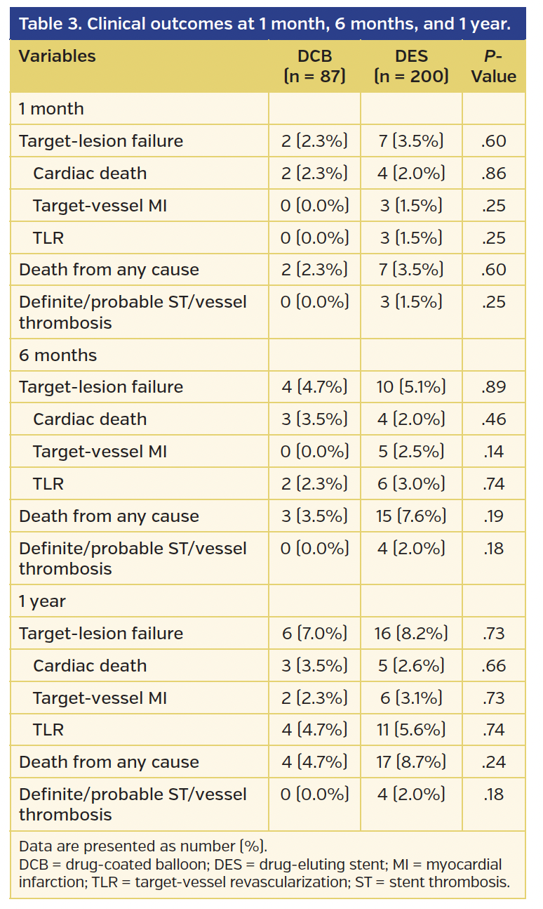 Table 3. Clinical outcomes at 1 month, 6 months, and 1 year.