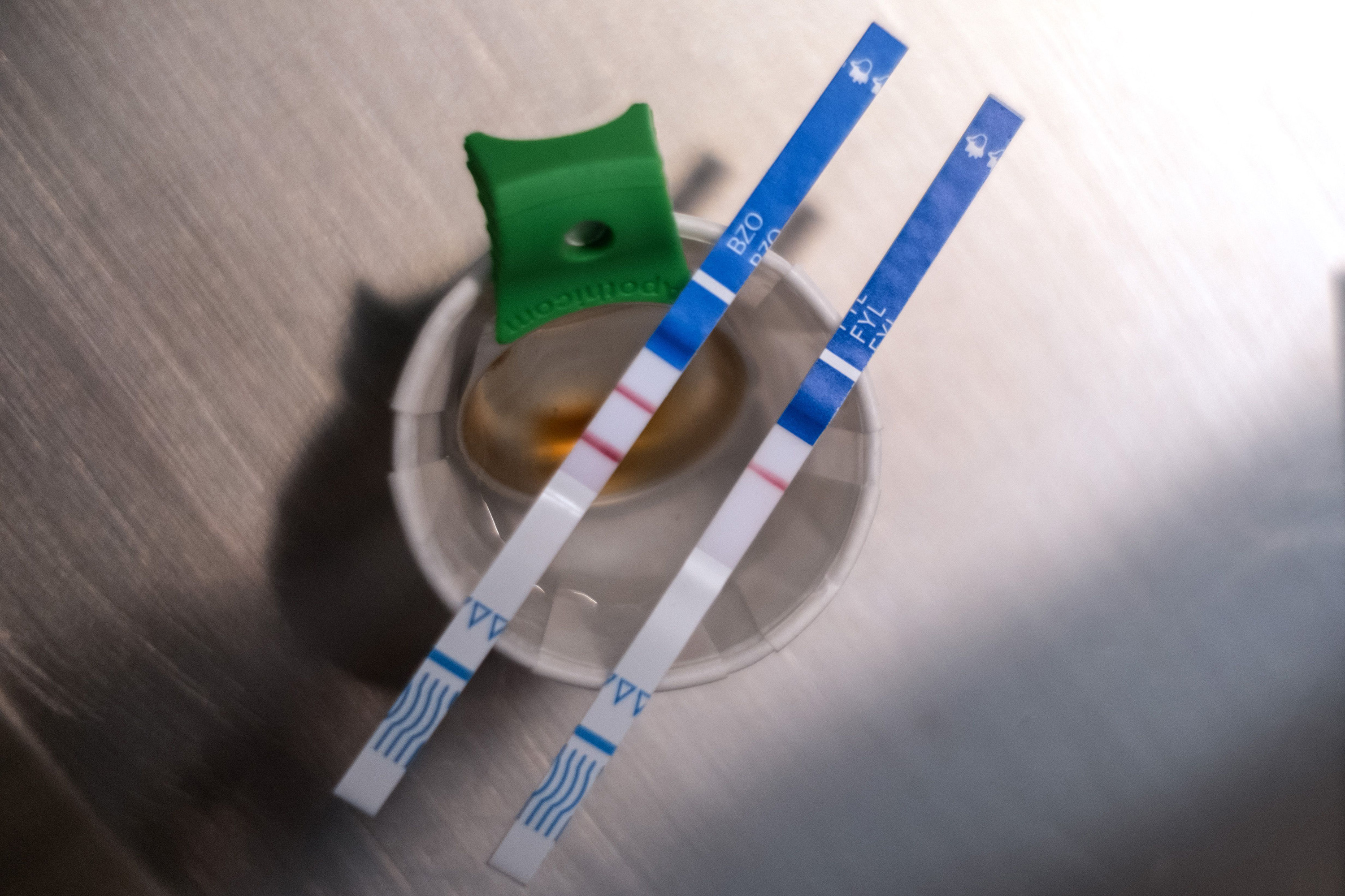 Strips showing positive for fentanyl seen at La Sala, a safe space for women using drugs, at Verter Community Center in Mexicali, Baja California State, Mexico, on May 9, 2023. (Guillermo Arias/AFP/Getty Images/TNS)