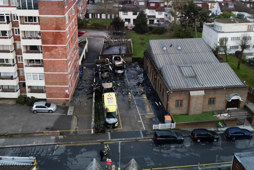 A drone view of ambulances belonging to Hatzola, a Jewish community organization, that were set on fire in northwest London on March 23, 2026. Hannah McKay/Reuters