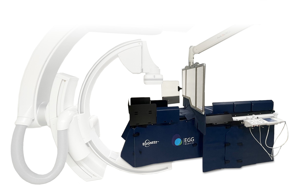 Superior Radiation Shielding in the Interventional Suite: The EggNest™ system (pictured) reduces scatter radiation exposure for the entire clinical team compared to the current standard of care. New clinical data presented as a Late-Breaking Trial at CRT 2026 confirms that the EggNest™ platform’s protects physicians, nurses, and technicians to the extent that users could do procedures safely without the use of lead aprons or wear ultralight aprons.