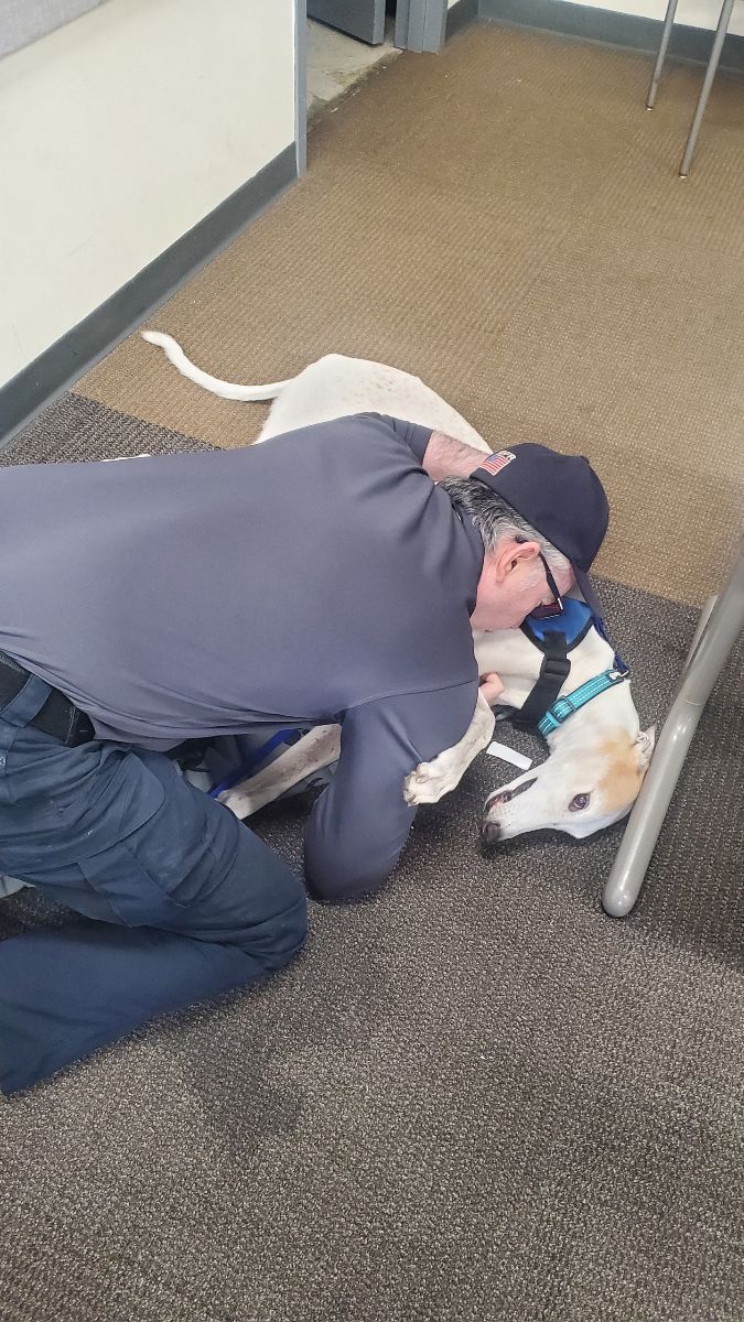 Charlie with a rescue worker.