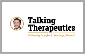 Headshot and logo for Talking Therapeutics with Douglas Jennings, PharmD