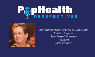 Headshot of Dr Ilene Warner-Maron on a blue background underneath the PopHealth Perspectives logo.