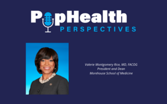 Headshot of Valerie Montgomery Rice, MD, FACOG, president and dean, Morehouse School of Medicine, on a dark blue background