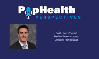 Headshot of Brett Lown, Dynavax, on a blue background underneath the PopHealth Perspectives logo.